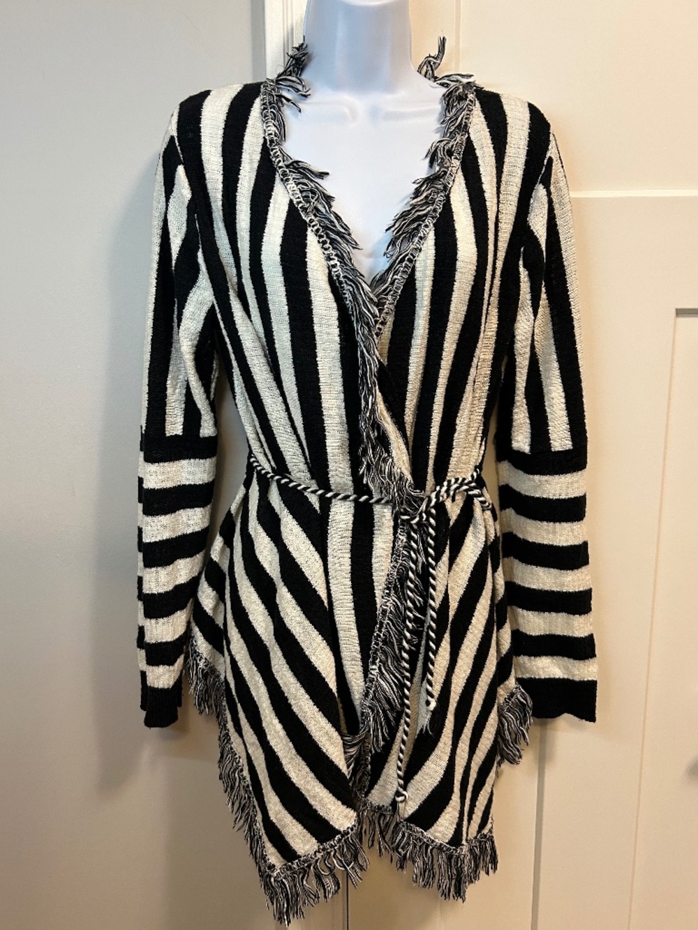 INC International Size M Concepts Open-Front Striped Fringe Cardigan
